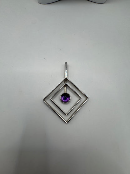 Vintage Large Artisan Sterling Silver Pendant with Amethyst, Rhodium-Plated – Excellent Condition