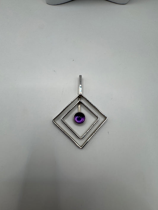 Vintage Large Artisan Sterling Silver Pendant with Amethyst, Rhodium-Plated – Excellent Condition