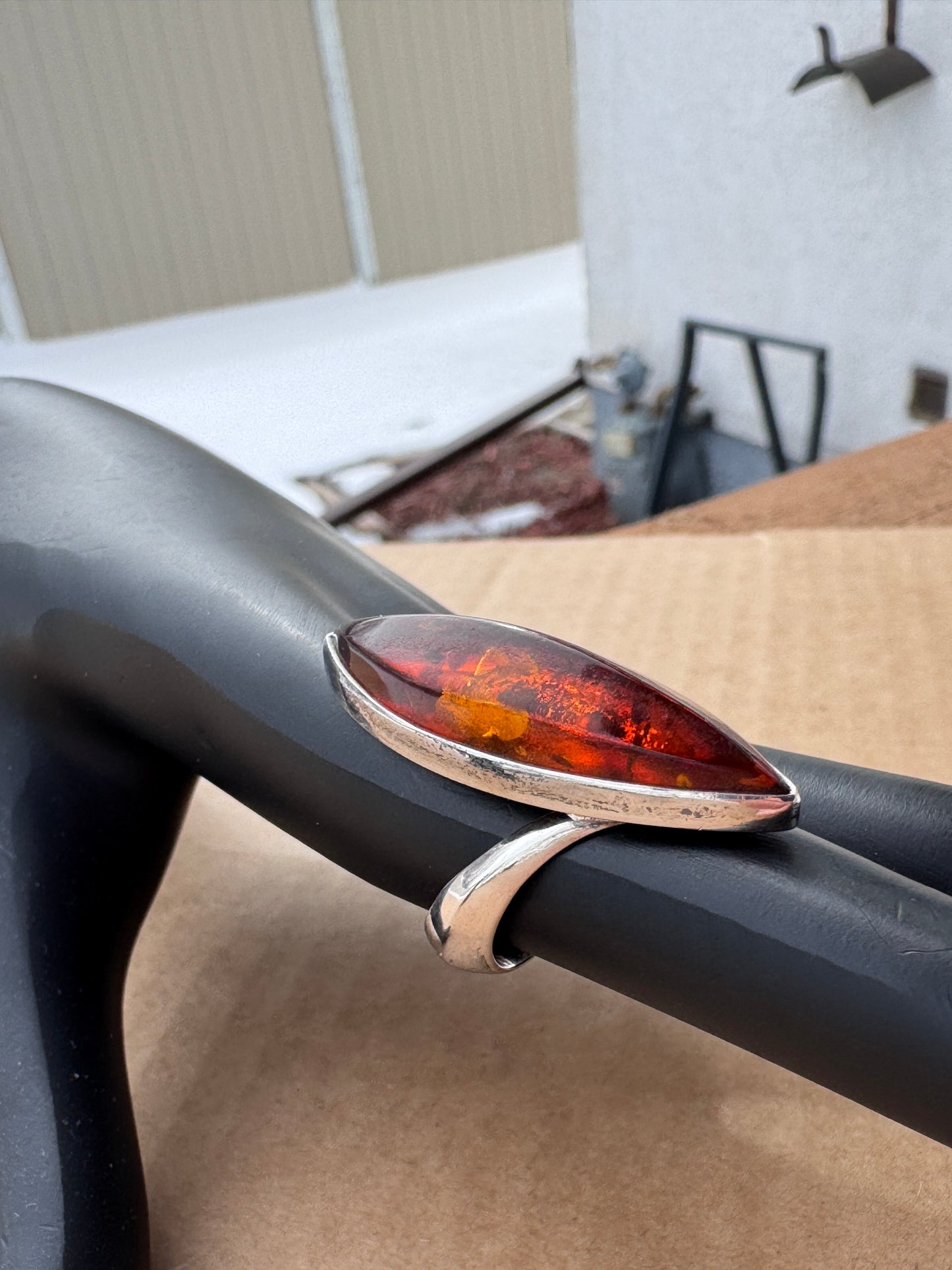 Sterling Silver Ring with Marquise Amber, Size 8.5