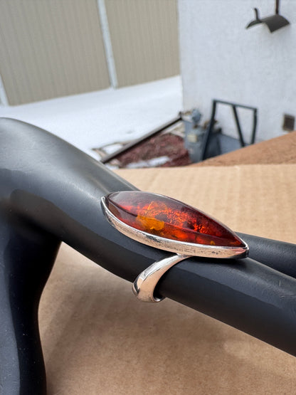 Sterling Silver Ring with Marquise Amber, Size 8.5