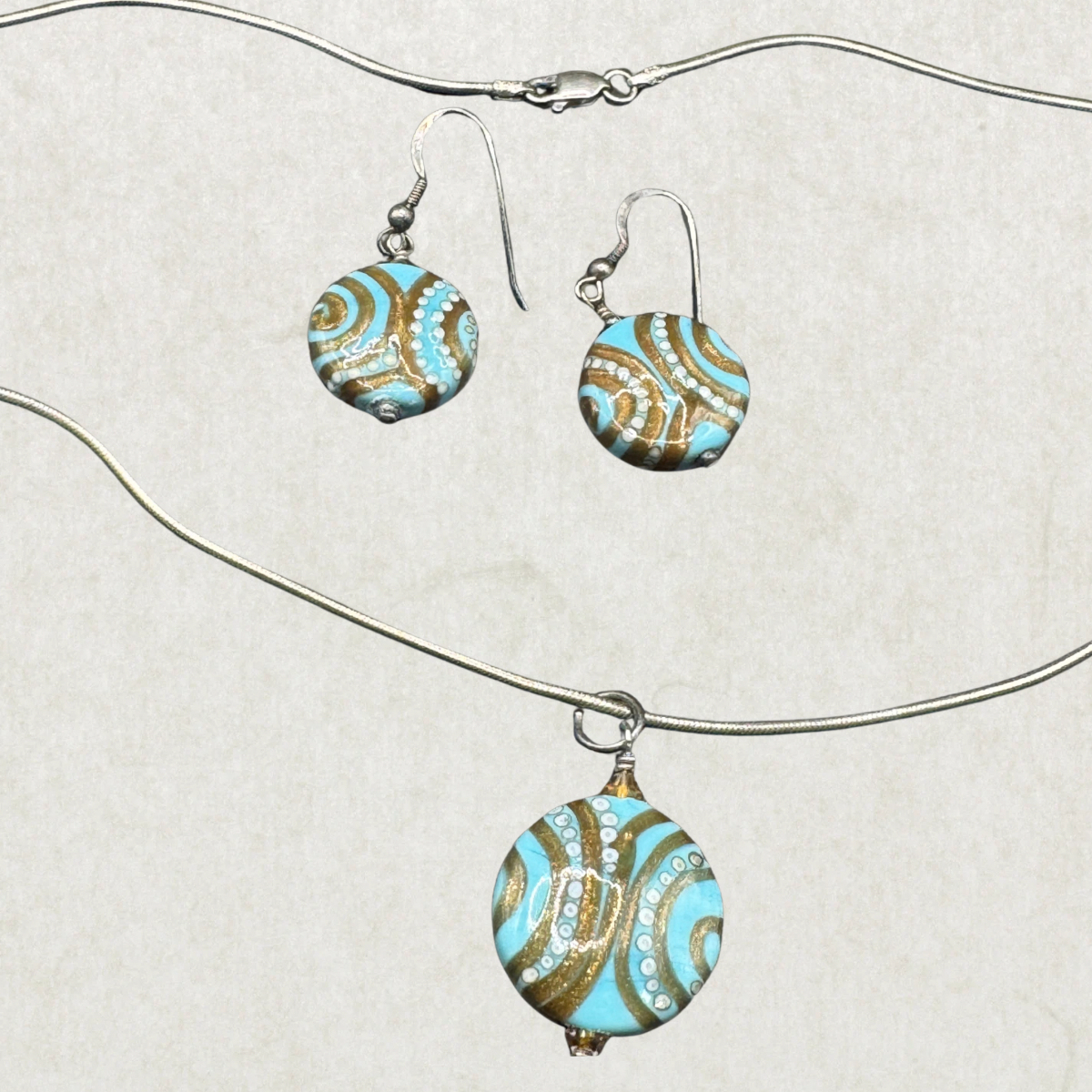 Vintage Sterling Silver Jewelry Set – Hand-Painted Necklace & Earrings, 18”