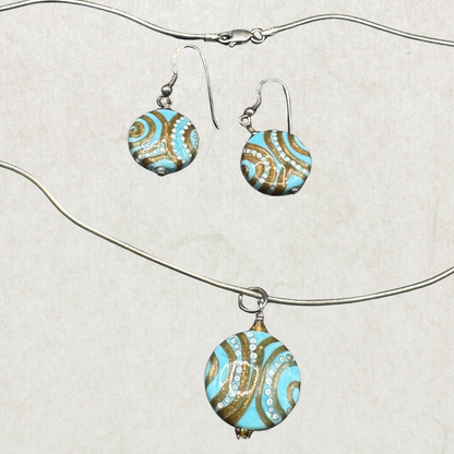Vintage Sterling Silver Jewelry Set – Hand-Painted Necklace & Earrings, 18”