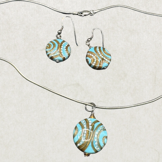 Vintage Sterling Silver Jewelry Set – Hand-Painted Necklace & Earrings, 18”