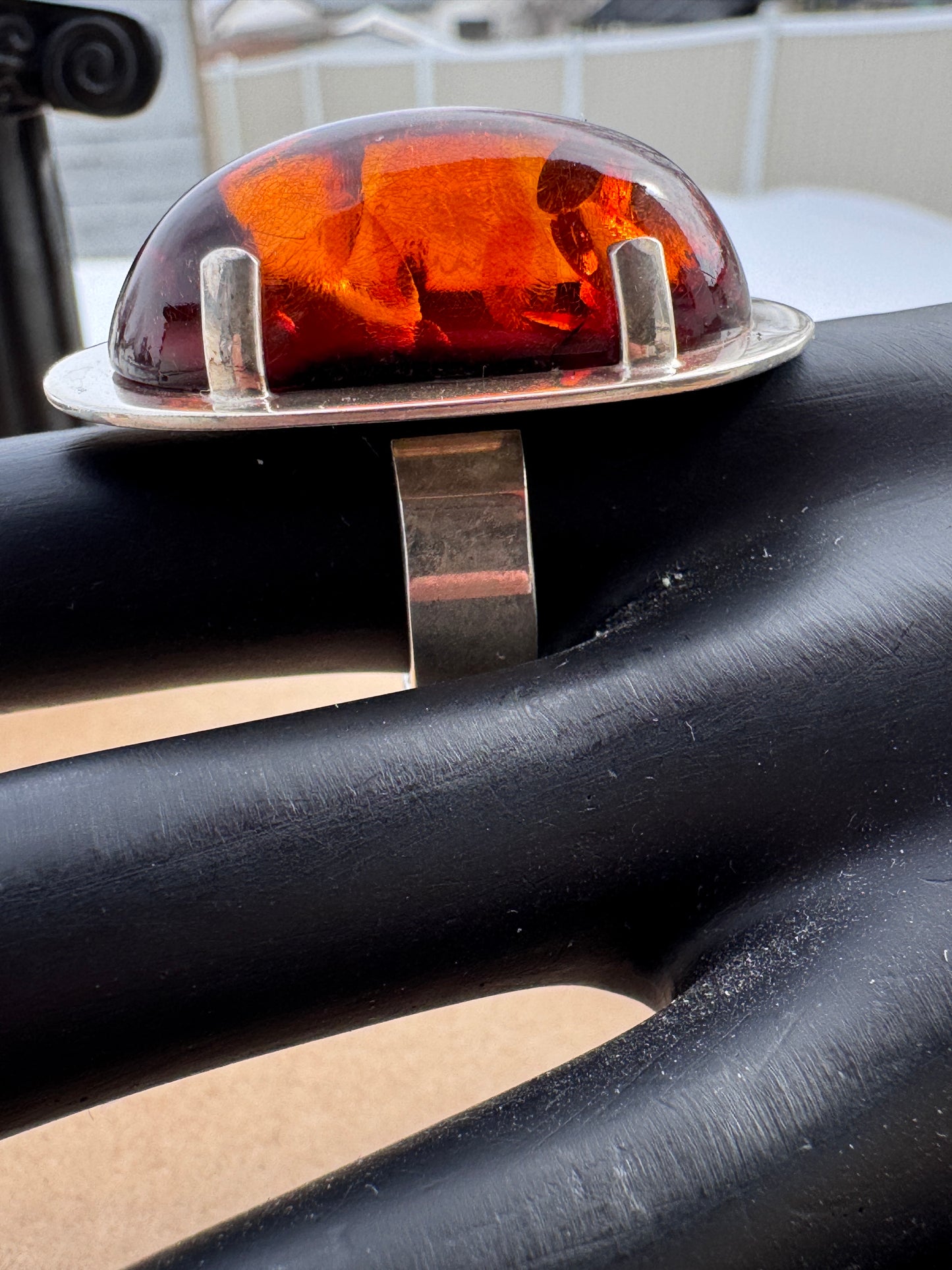 Mogens Godskesen Sterling Silver Ring with Large Fire Amber, Size 7,5