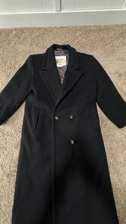 Vintage London Fog Wool Coat – Size 4 Petite, Black, Paisley Lined, Double-Breasted