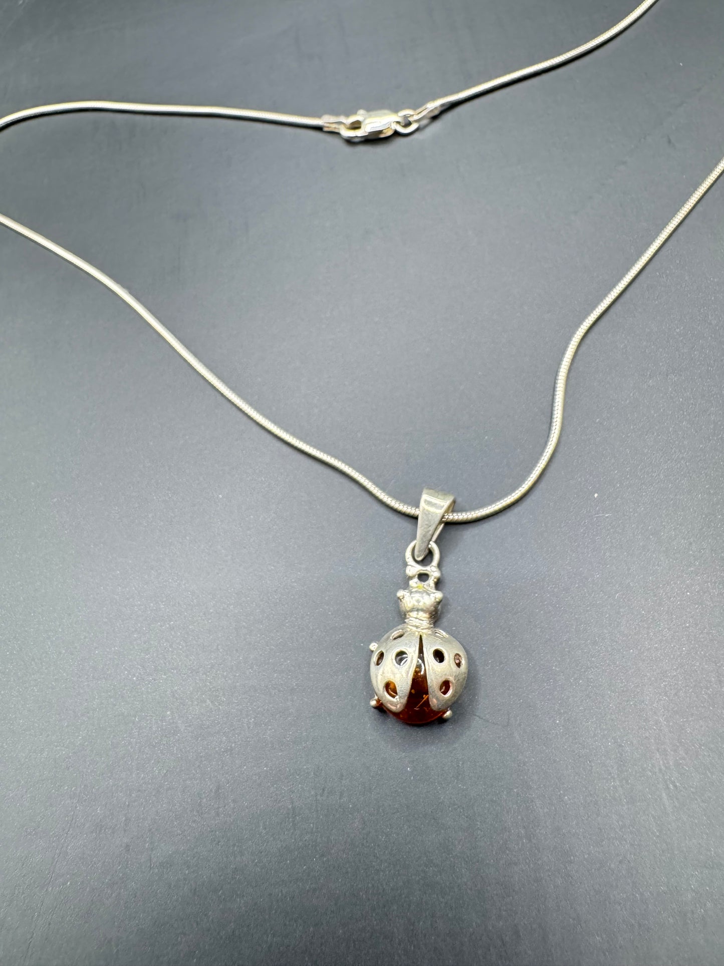 Amber Ladybug Pendant Necklace – 925 Sterling Silver, 15” Chain