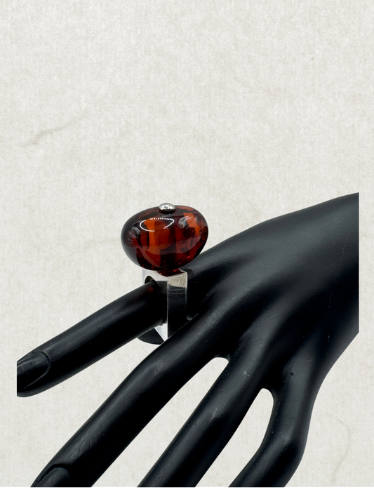 Mogens Godskesen Danish Modernist Sterling Silver Ring with Amber Sz 7.5