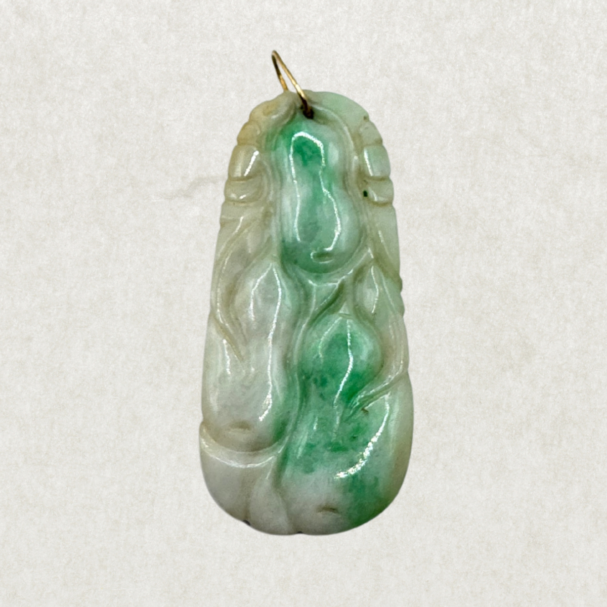 19th Century Chinese Jade Botanical Pendant with 22K Gold Loop – Excellent Condition
