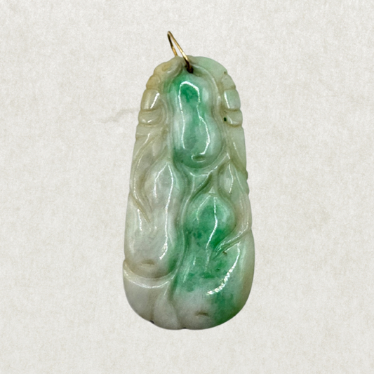 19th Century Chinese Jade Botanical Pendant with 22K Gold Loop – Excellent Condition