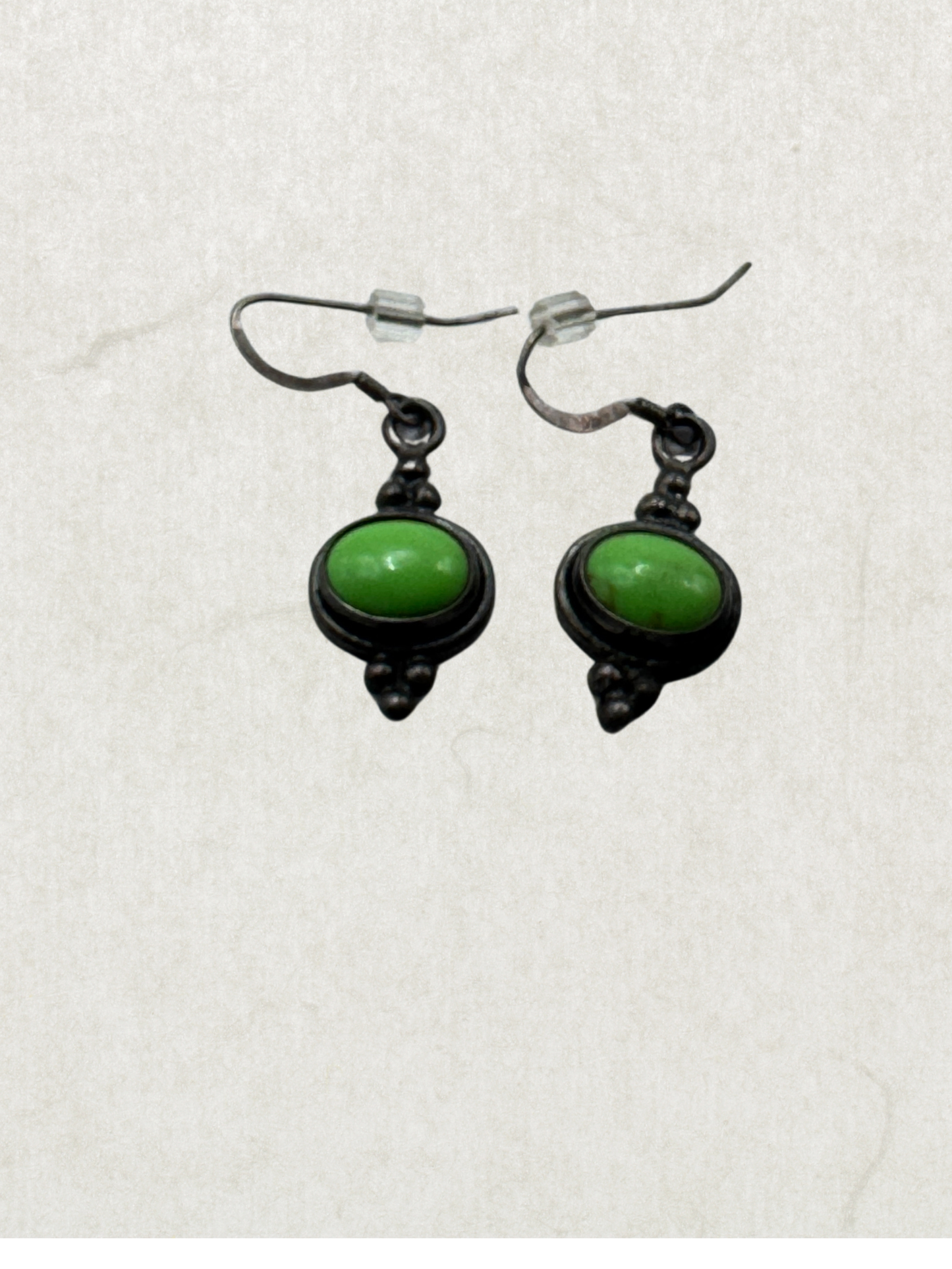 Vintage Garnet Sterling Silver Earrings – Green Cabochon Stone, 925 Marked, Dangle Drop