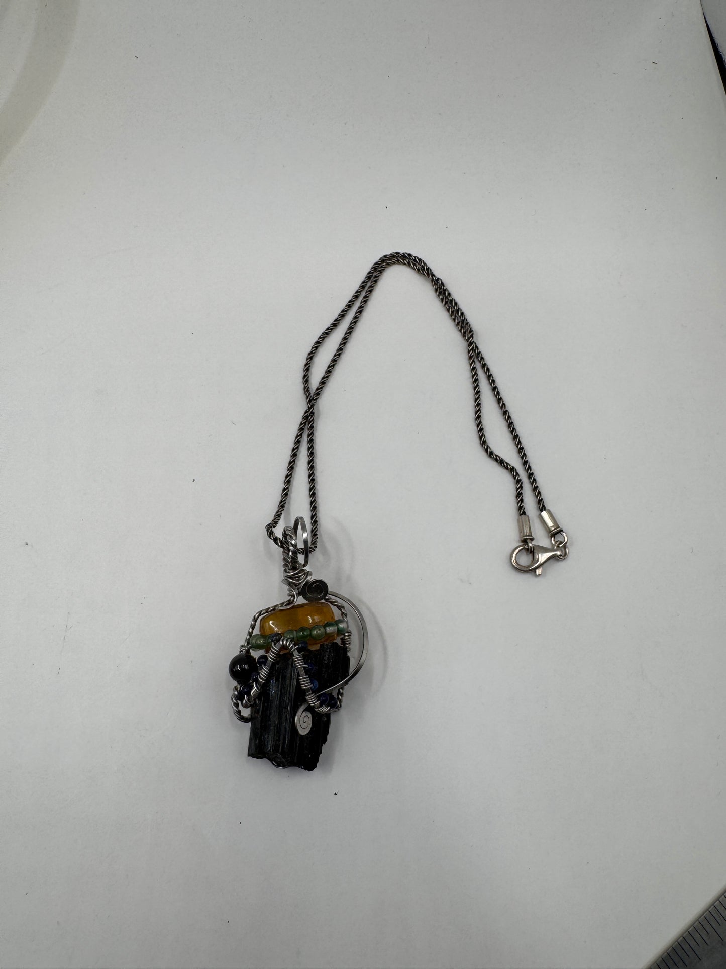 Handcrafted Black Tourmaline & Amber Sterling Silver Necklace