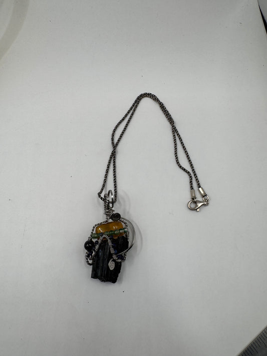 Handcrafted Black Tourmaline & Amber Sterling Silver Necklace