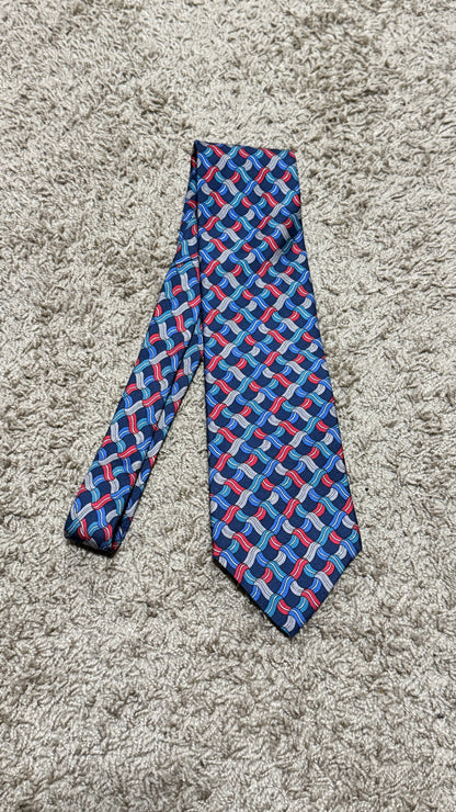 Vintage Christian Dior Silk Tie – Geometric Wave Pattern, Blue/Red, 100% Silk, Made in France