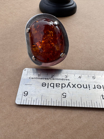 Mogens Godskesen Sterling Silver Ring with Large Baltic Fire Amber, Size 7