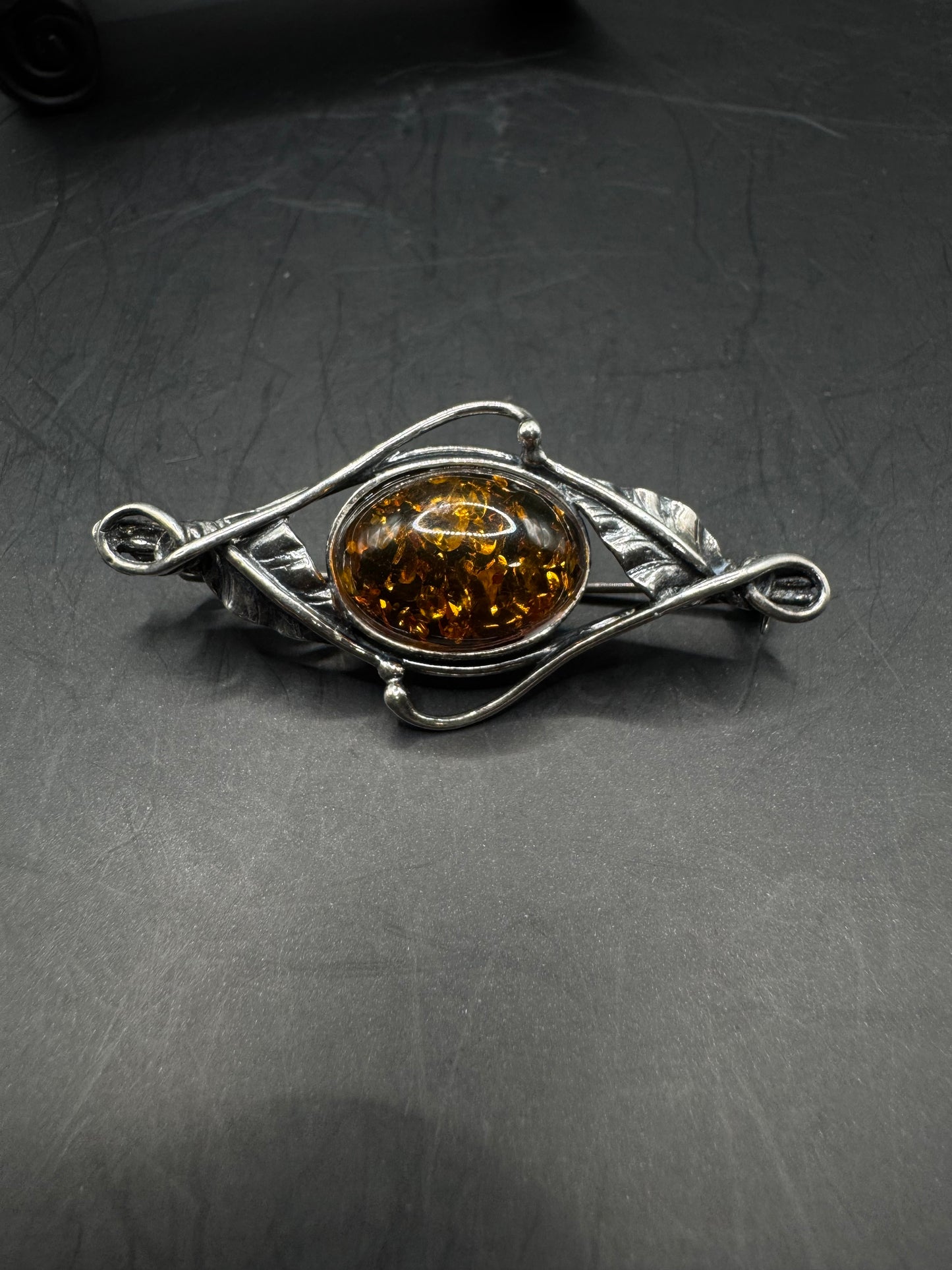 Sterling Silver & Amber Handmade Vintage Brooch – 2”