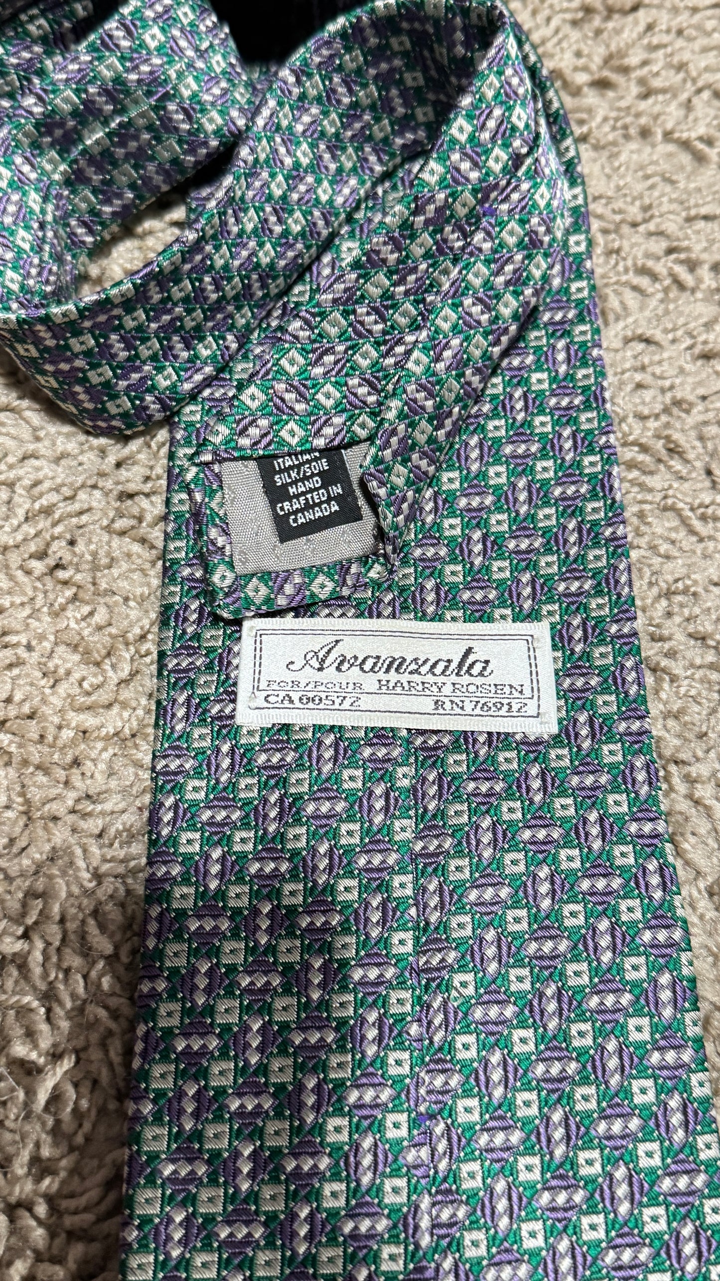 Vintage Avanzala Silk Tie – Green & Purple Geometric Pattern, 100% Silk, Wide Blade, 57”