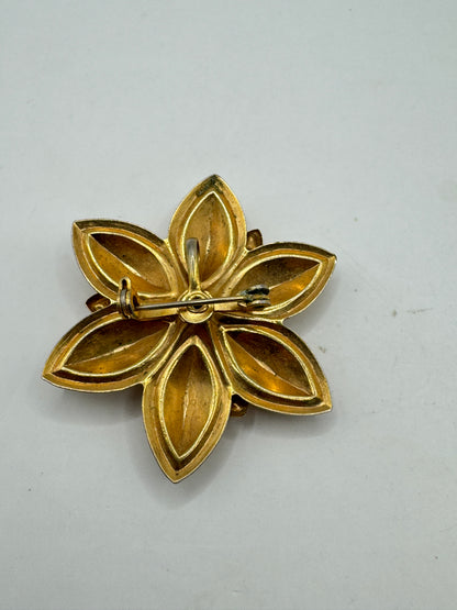 Vintage Gold Tone Floral Brooch Pendant with Blue Rhinestones – 1960s Statement Flower Pin