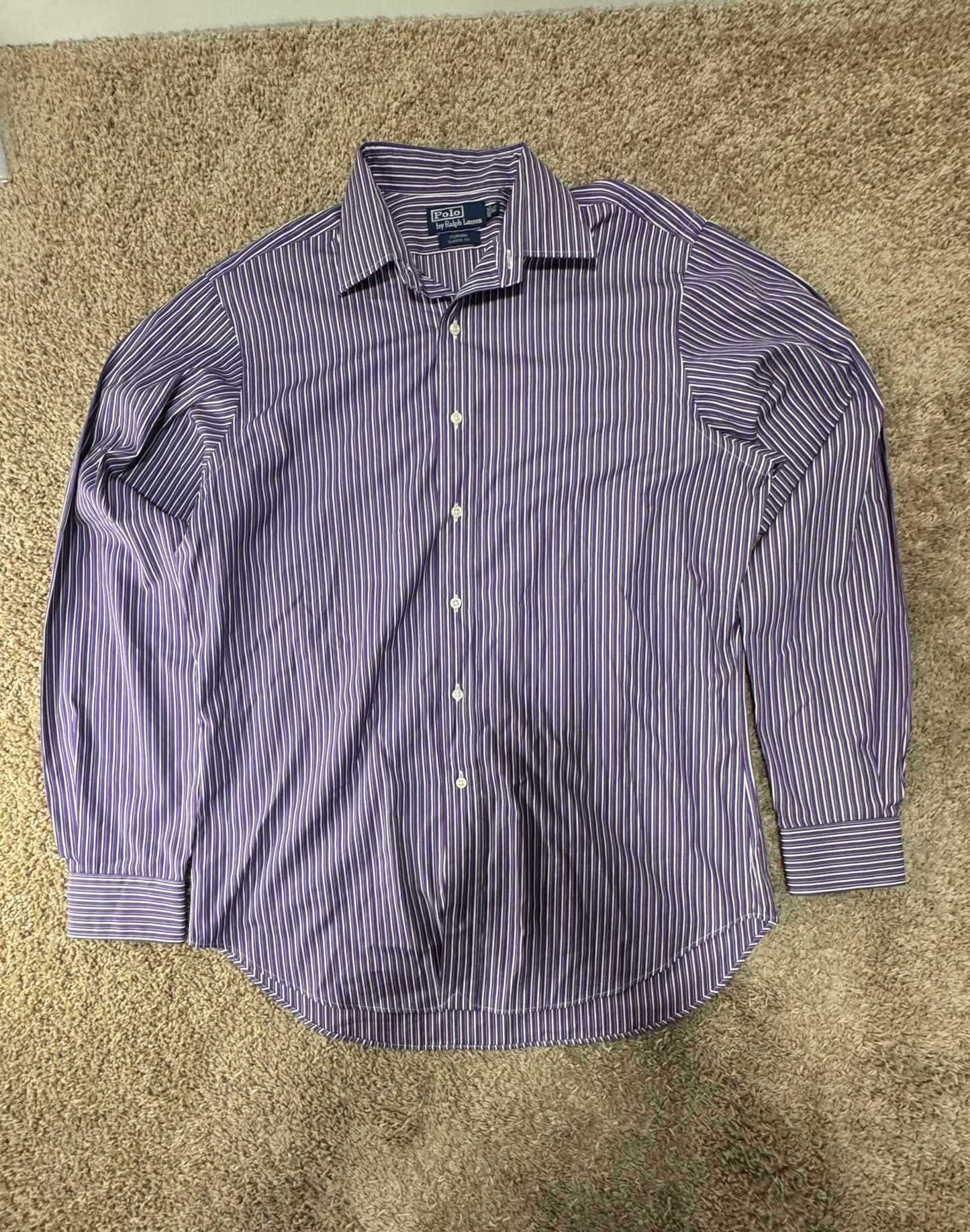 Vintage 90s Polo by Ralph Lauren Dress Shirt – Size 16.5 (36–37), Purple/White Stripe, Long Sleeve