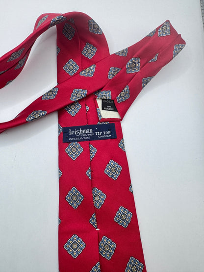 Vintage Leishman Silk Tie – 100% Silk, Red Medallion Pattern