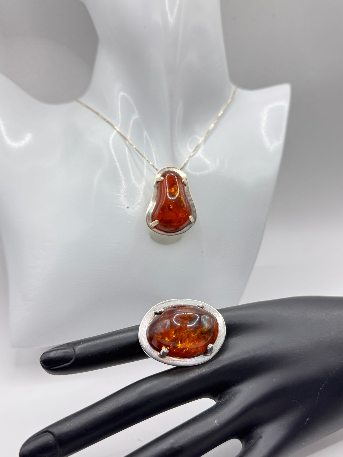 Danish Mogens Godskesen Sterling Silver Baltic Amber Ring and Pendant Set – Signed
