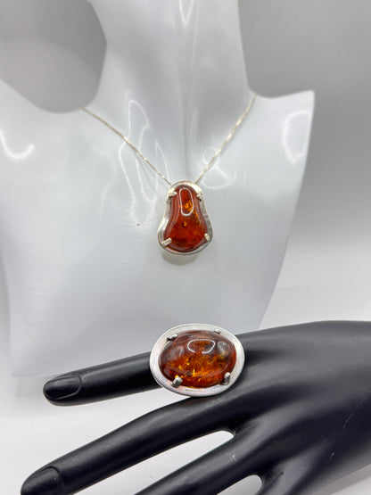 Danish Mogens Godskesen Sterling Silver Baltic Amber Ring and Pendant Set – Signed