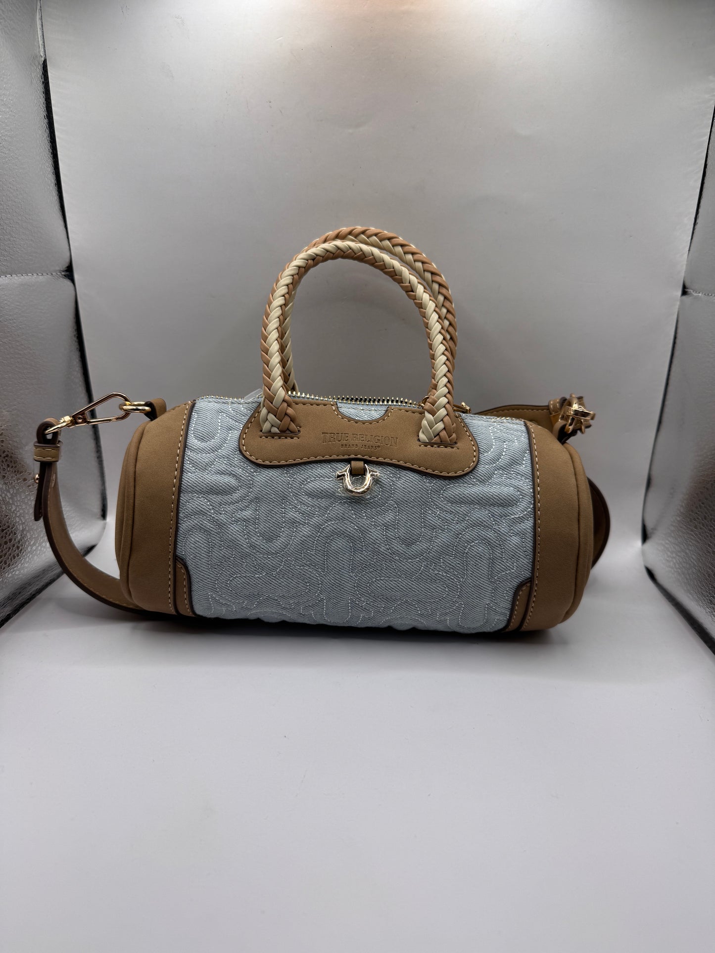 True Religion Quilted Horseshoe Mini Duffel Crossbody Bag – Brand New, Denim & Tan