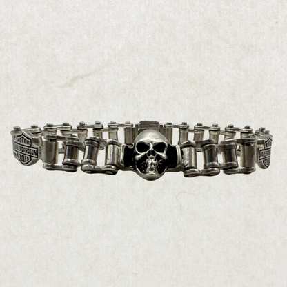 Sterling Silver Harley Davidson Skull Bracelet – 9” Heavyweight Chain, 73g