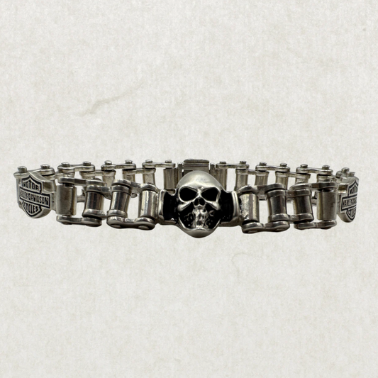 Sterling Silver Harley Davidson Skull Bracelet – 9” Heavyweight Chain, 73g
