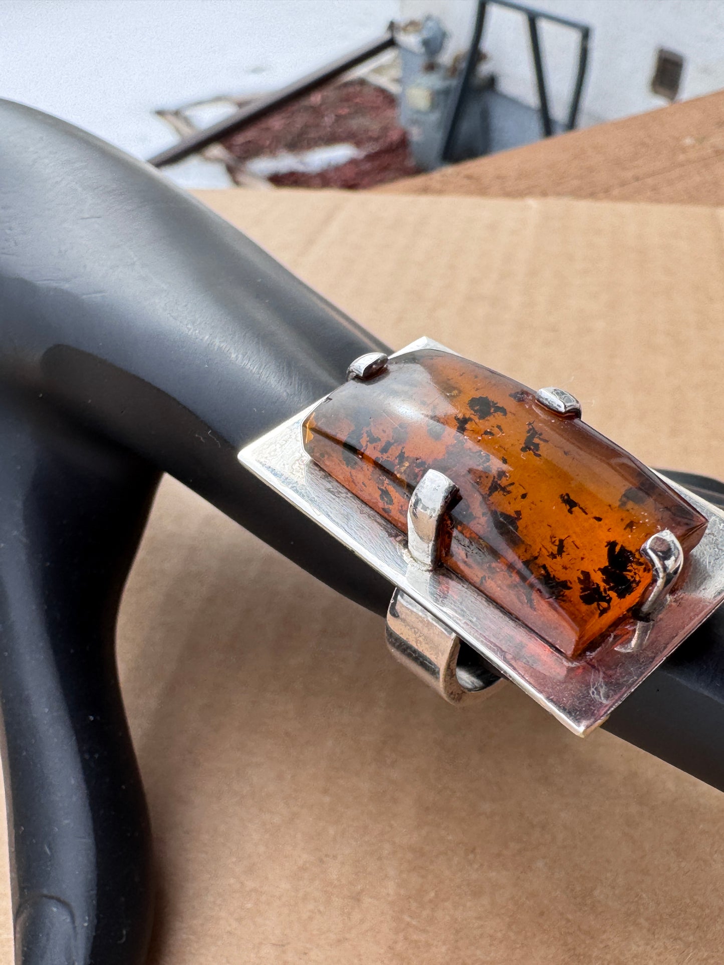 Mogens Godskesen Danish Artisan Modernist Sterling Silver Ring with Large Amber – Size 7, Adjustable