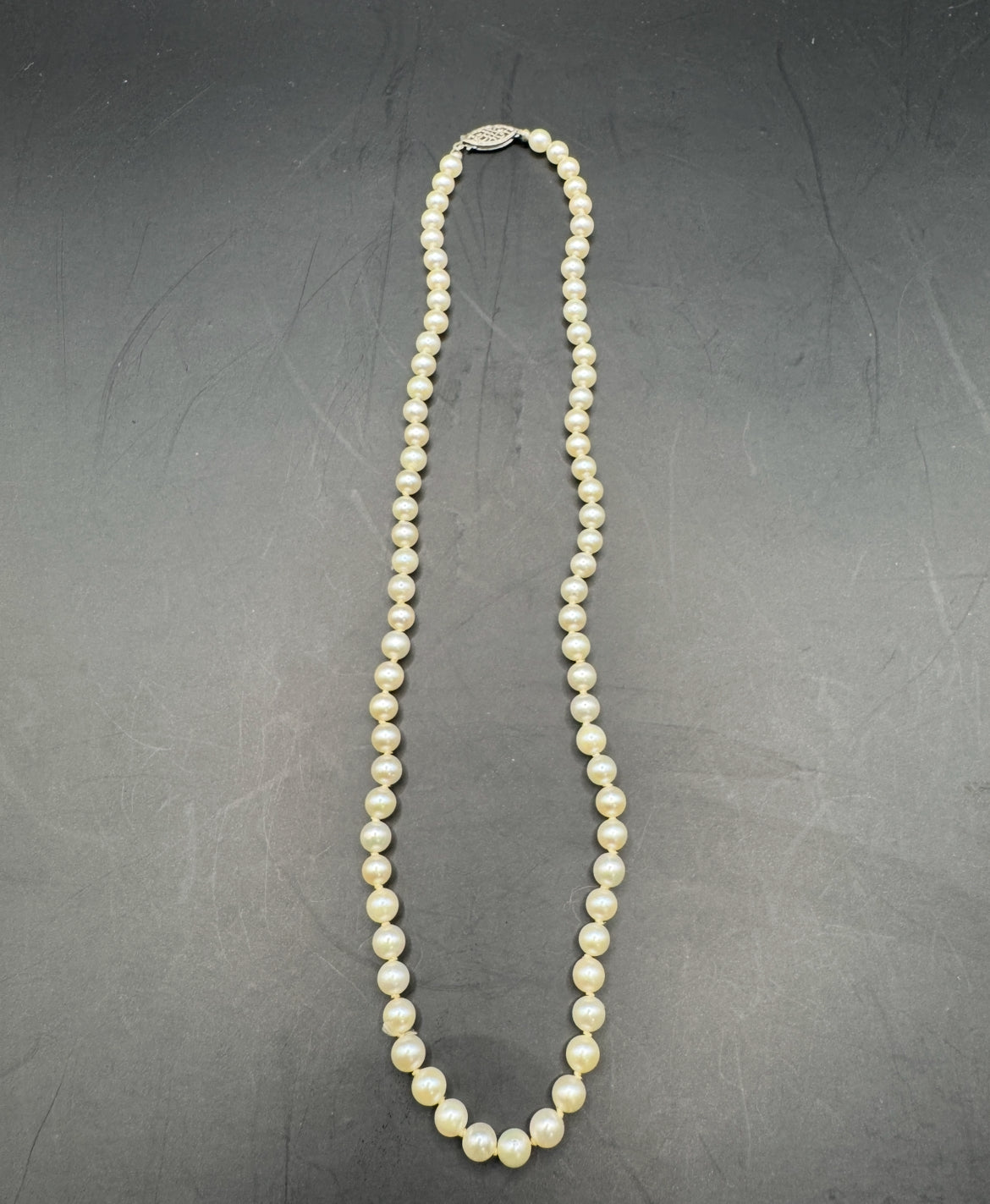 Vintage Mid-Century Pearl Necklace with Sterling Silver Clasp – 16.5” Choker Length