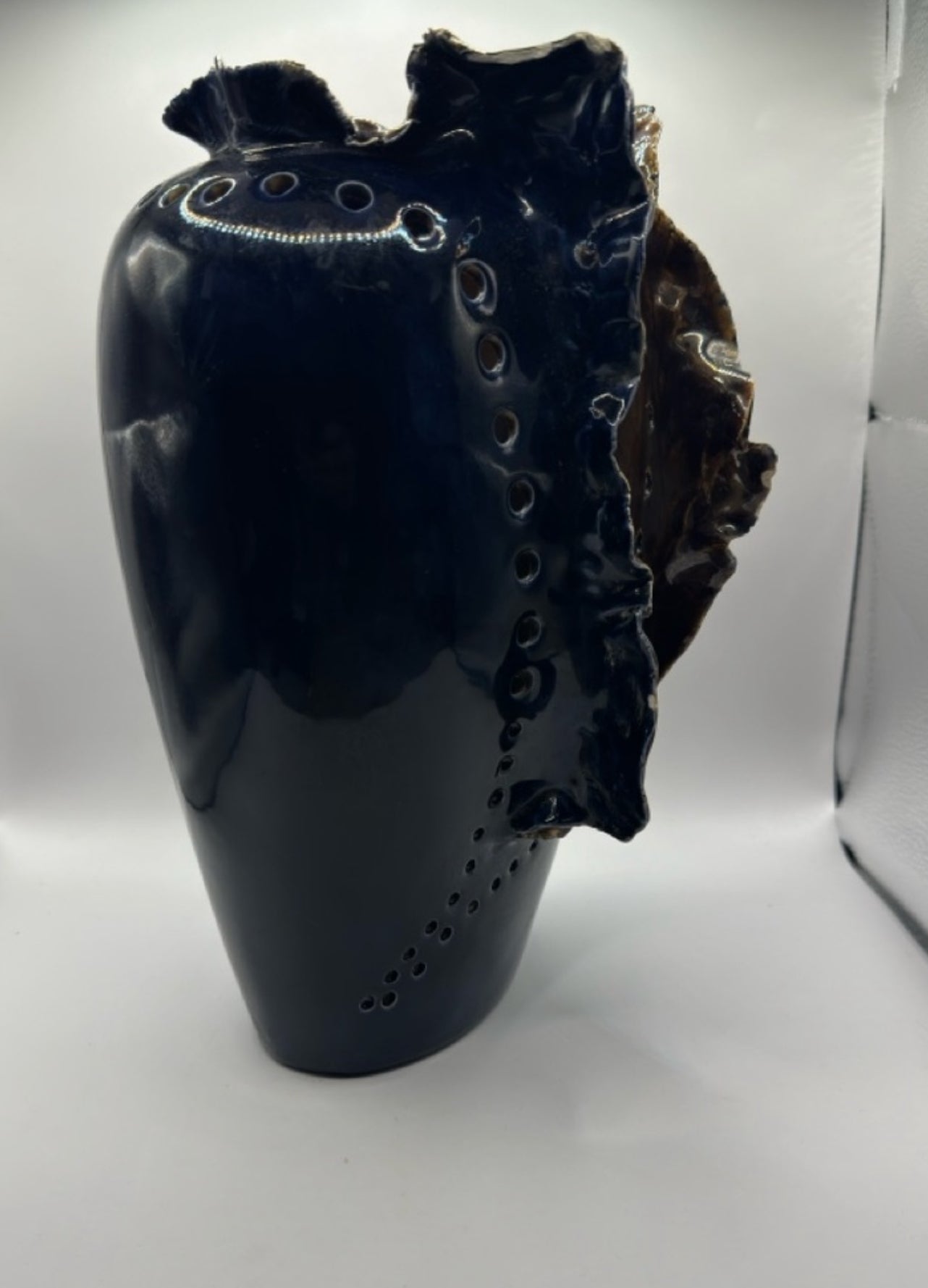 Vintage Porcelain Art Vase, Signed IS – Sculptural Navy Blue, c.1970, 11.5” x 7” x 7.5”