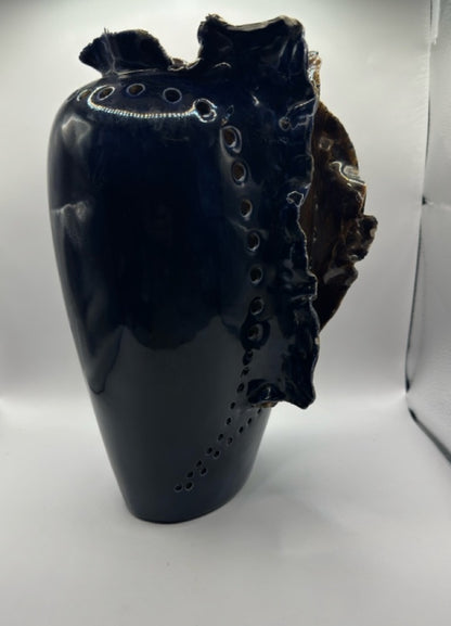 Vintage Porcelain Art Vase, Signed IS – Sculptural Navy Blue, c.1970, 11.5” x 7” x 7.5”