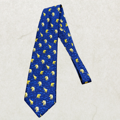Vintage Into Africa 100% Silk Elephant Print Tie – Blue Safari Novelty Necktie 57” x 4”