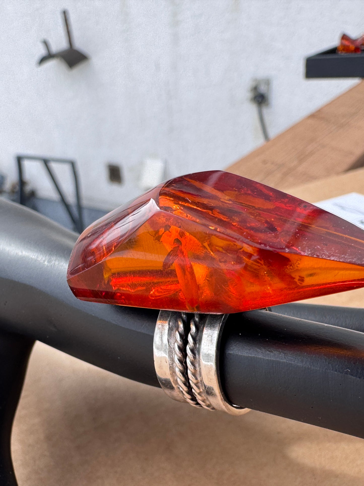 Sterling Silver Ring with Large Faceted Fire Amber, Size 7 Adjustable