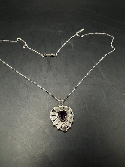 Vintage 925 Silver Heart Ruby Pendant Necklace