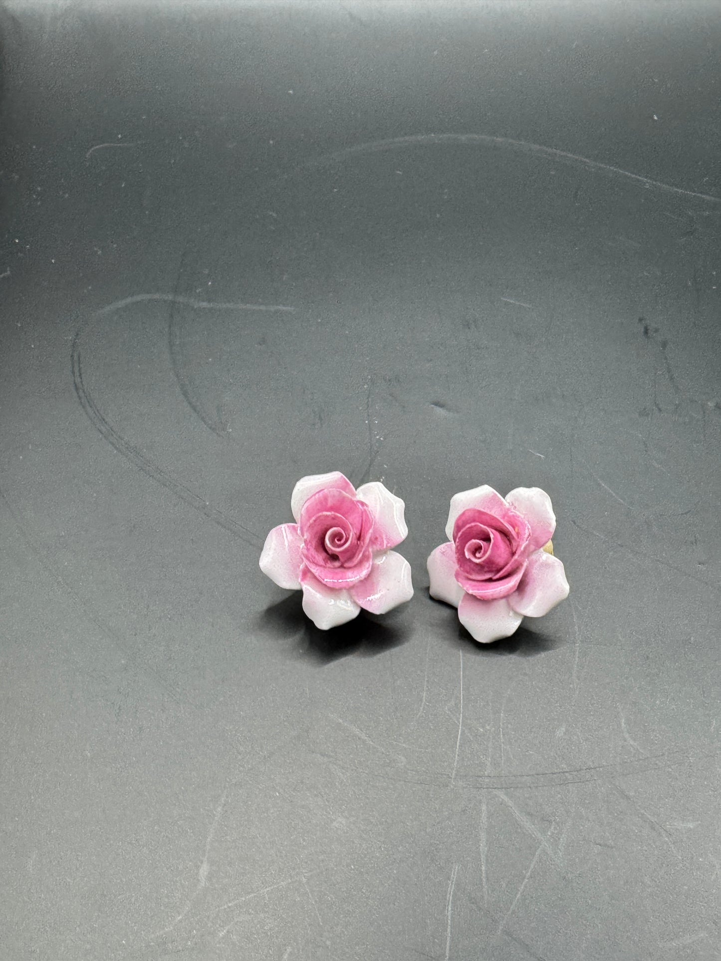 Vintage Porcelain Rose Clip-On Earrings – Pink Floral, Made in England, Mid-Century