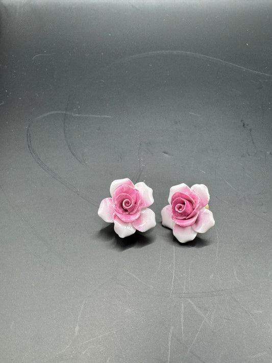 Vintage Porcelain Rose Clip-On Earrings – Pink Floral, Made in England, Mid-Century