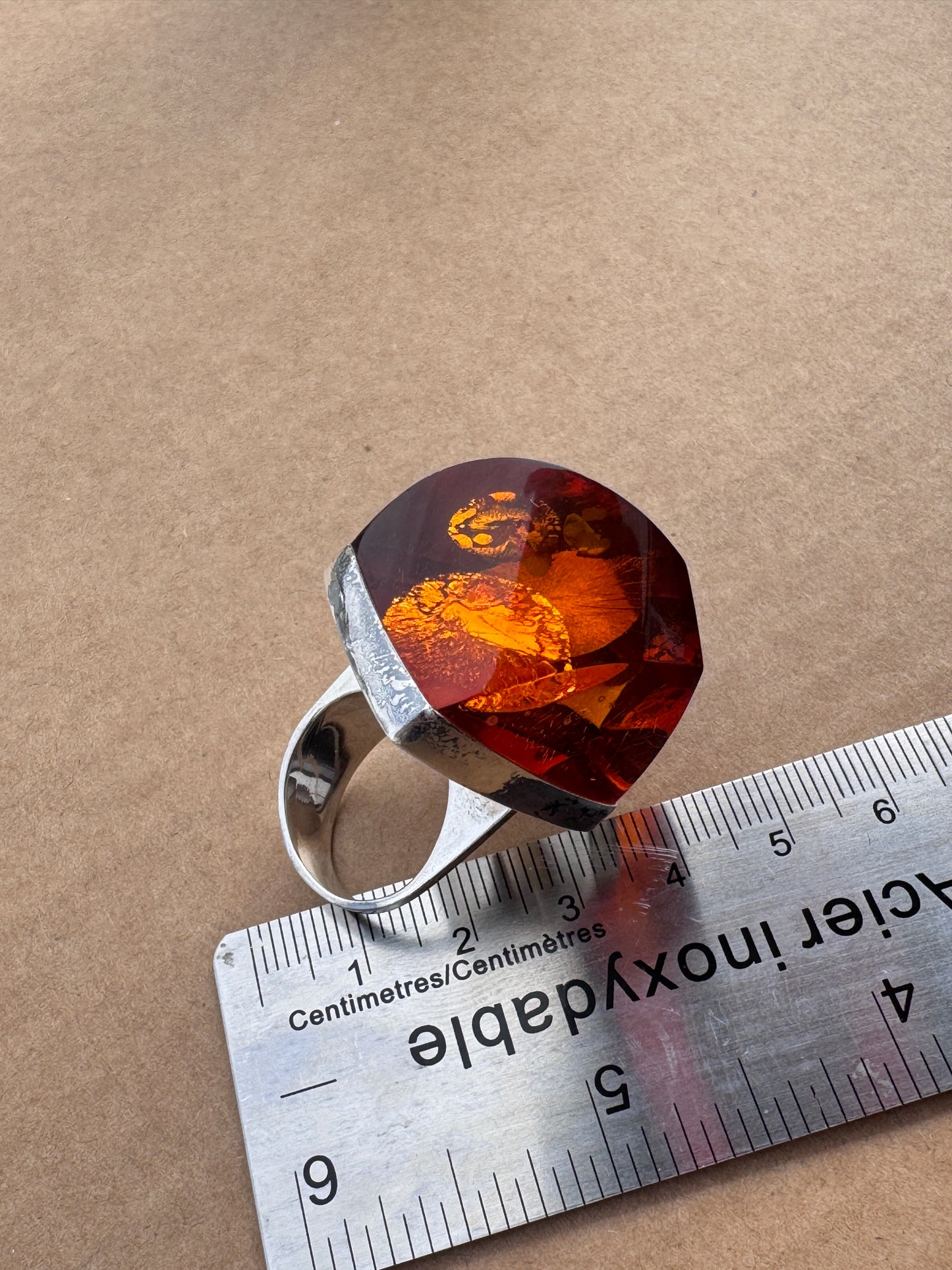 Sterling Silver Ring with Faceted Fire Amber, Size 7.5