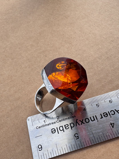 Sterling Silver Ring with Faceted Fire Amber, Size 7.5