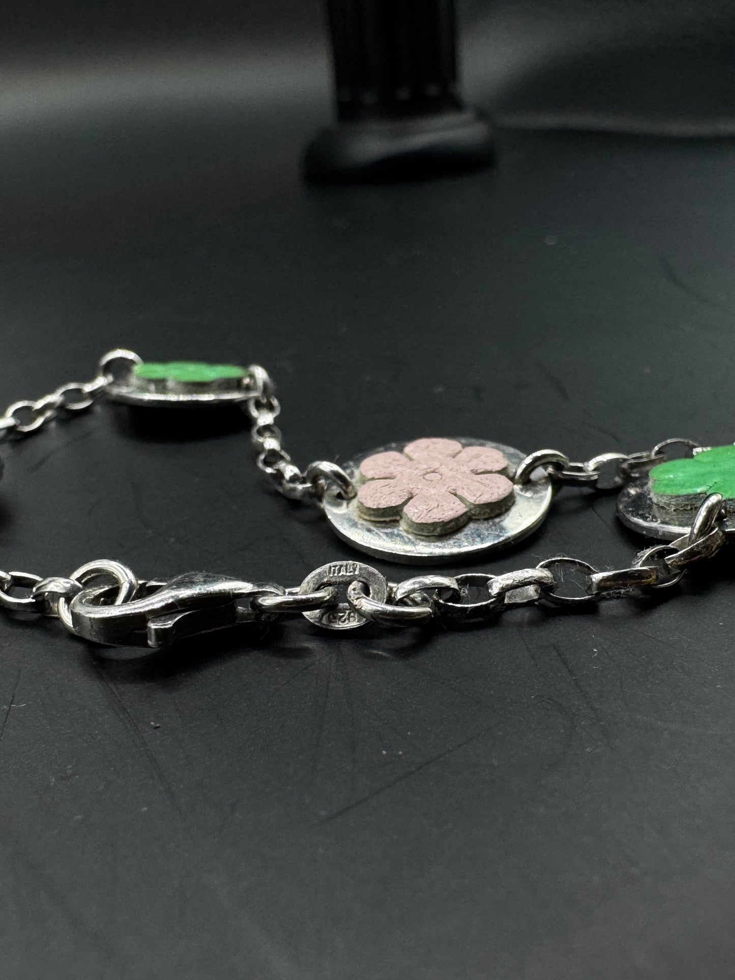 Vintage Italian Sterling Silver 925 Bracelet with Leather Flower Inlays – Pastel Floral Disc Design