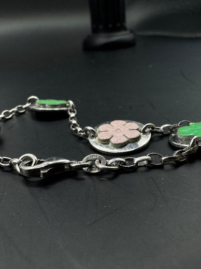 Vintage Italian Sterling Silver 925 Bracelet with Leather Flower Inlays – Pastel Floral Disc Design