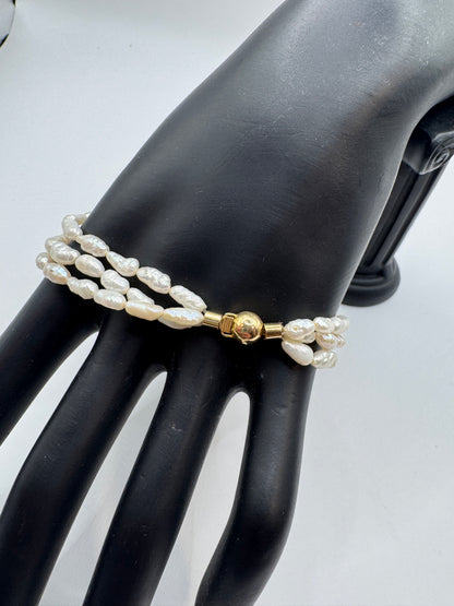 Vintage Three-Row Pearl Bracelet with Onyx & 14K Gold Clasp