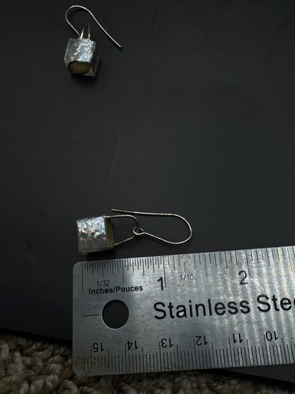 Vintage Sterling Silver Padlock Dangle Earrings – Iridescent Resin Inlay, Minimalist Lock Design