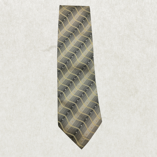 Vintage Hugo Boss Silk Tie – 100% Silk, Grey & Gold Wave Pattern