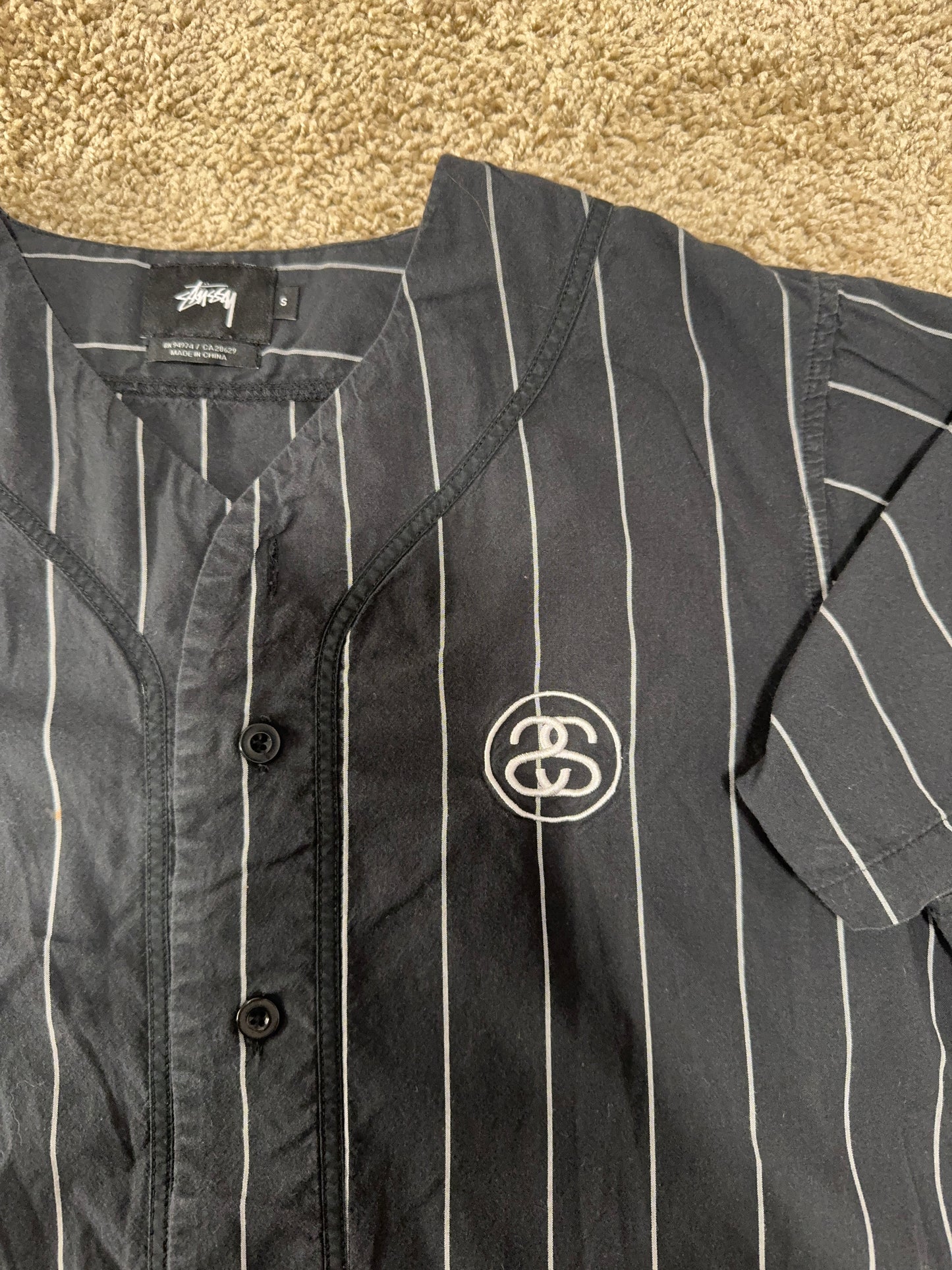 Stüssy Black Pinstripe Baseball Jersey – Stock Logo Embroidered, Rare, Size S