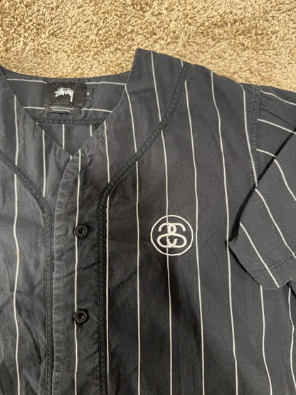 Stüssy Black Pinstripe Baseball Jersey – Stock Logo Embroidered, Rare, Size S