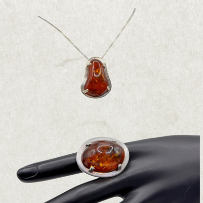 Danish Mogens Godskesen Sterling Silver Baltic Amber Ring and Pendant Set – Signed