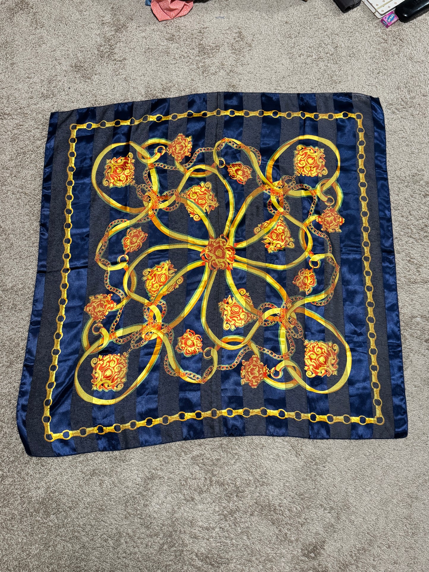 100% Silk Chain Print Scarf, Navy and Gold Baroque Style, 39 x 40 Inches