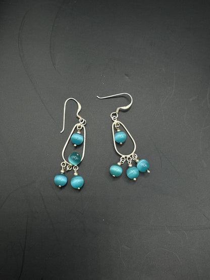 Vintage Sterling Silver Dangle Earrings with Aqua Blue Beads – Minimalist Chandelier Style