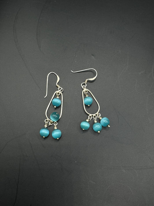 Vintage Sterling Silver Dangle Earrings with Aqua Blue Beads – Minimalist Chandelier Style